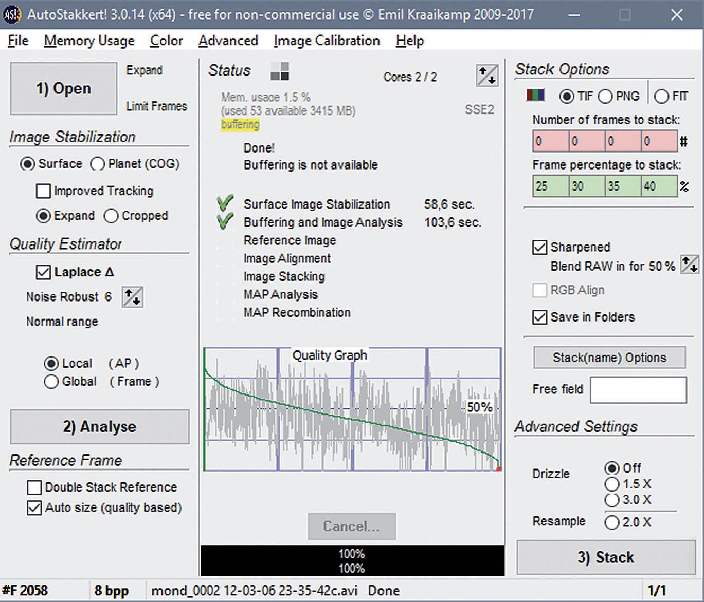 The Autostakkert! main window. The process steps can be found in the three sections to the left and right of the status bar in the middle. There you can see the quality graph below the analysis. The seeing was not especially good in this example, and the best usage rate was around 30%. M. Weigand