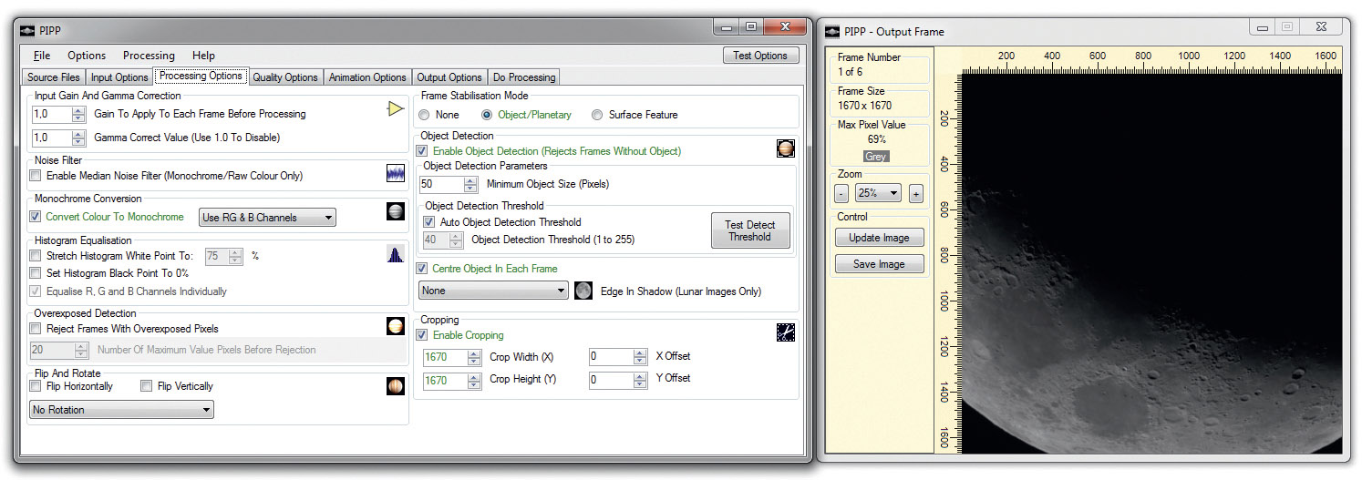 The Processing Options section controls object centring and cutting. In the example shown, the cropped section is still too small and must be adapted to the size of the Moon by trial and error. M.Weigand