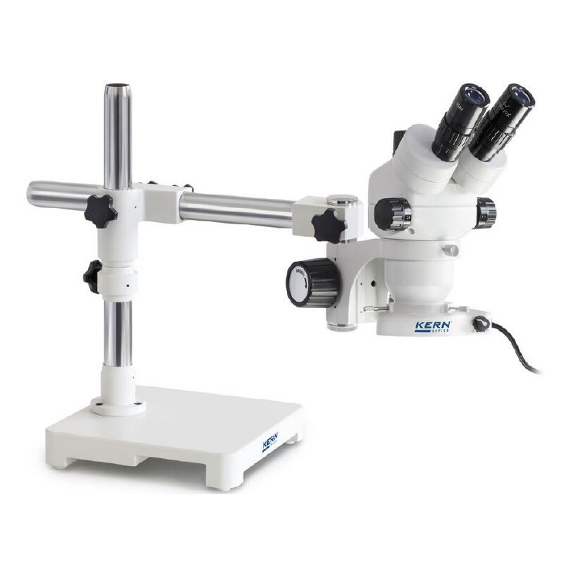 Kern Stereo zoom microscope OZM 903, trino, 7x-45x, HSWF10x23mm, Tripod, single arm (430 mm x 385 mm) w. table top, ring light LED 4.5 W