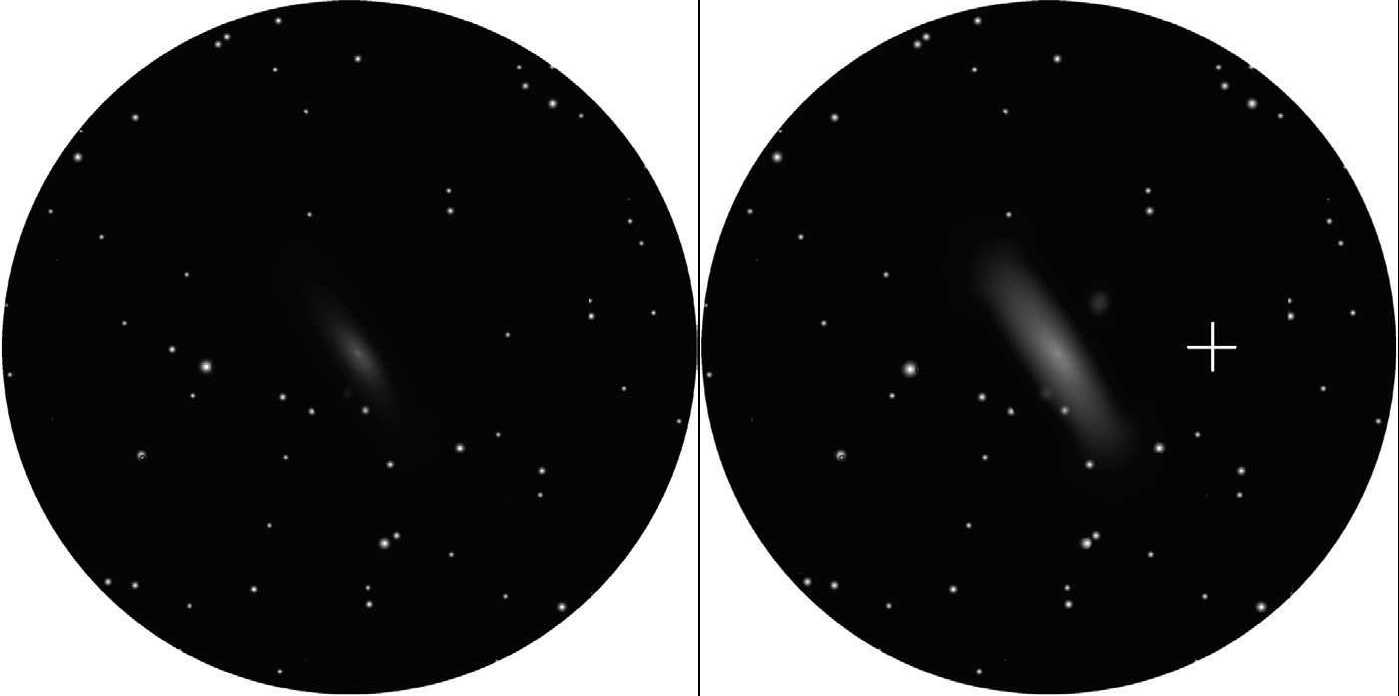 With indirect vision (right), the Andromeda galaxy M 31 is also visible. The cross marks a possible fixation point for the observing eye. L. Spix