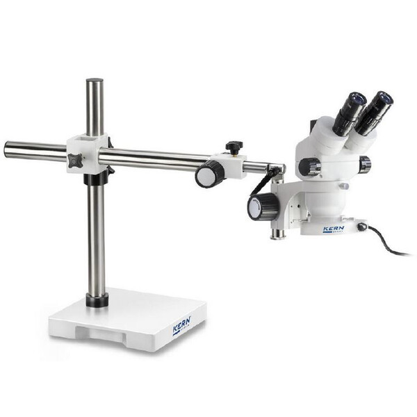 Kern Stereo zoom microscope OZM 912, bino, 7x-45x, HSWF 10x23 mm, Tripod, single arm (430 mm x 385 mm) w. table top, ring light LED 4.5 W