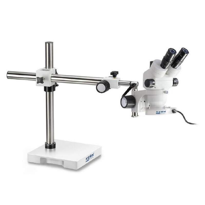 Kern Stereo zoom microscope OZM 912, bino, 7x-45x, HSWF 10x23 mm, Tripod, single arm (430 mm x 385 mm) w. table top, ring light LED 4.5 W